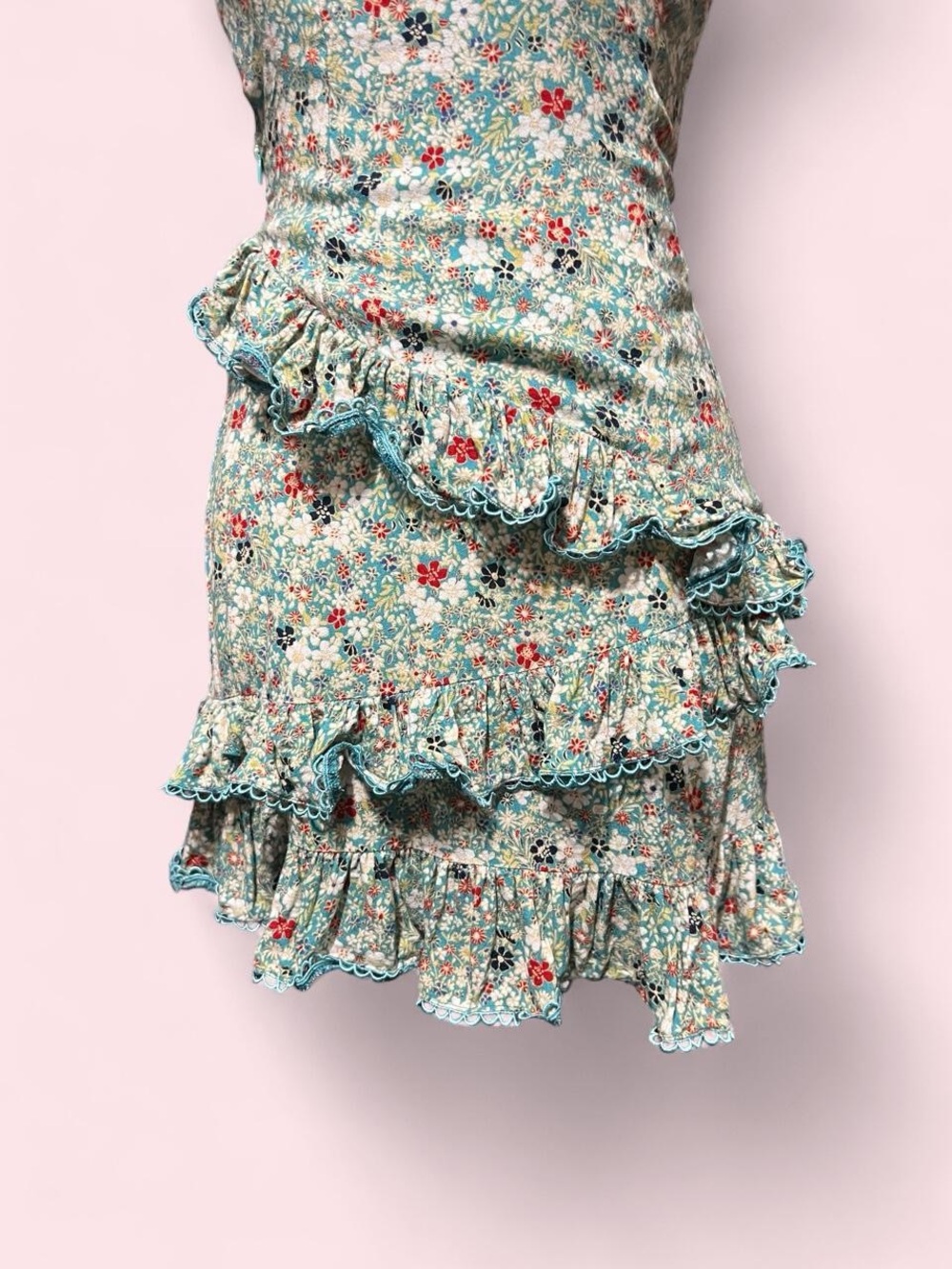 Small Strapless Floral Ruffle Mini Dress - Turquoise - Picture 3 of 8